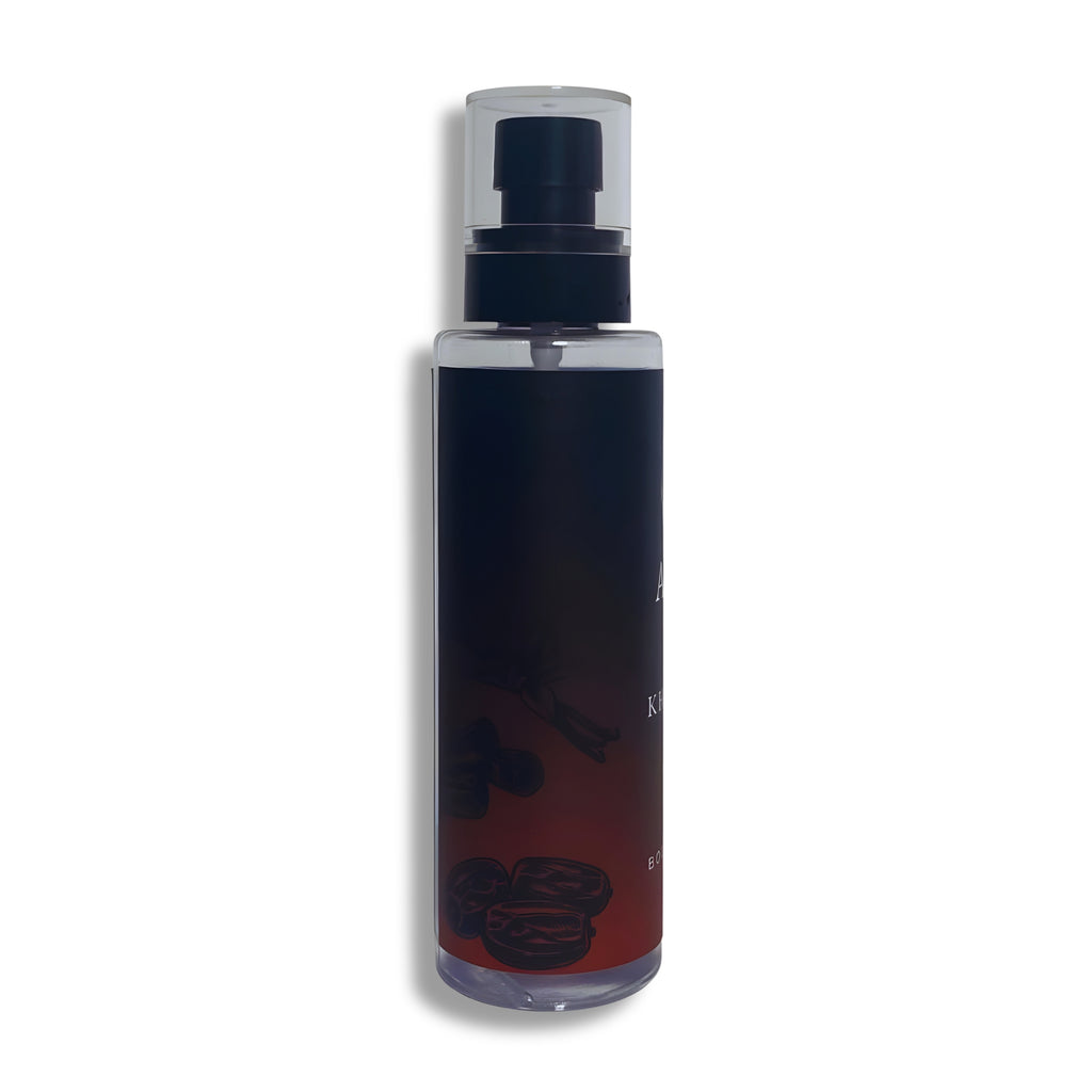 body splash bottle with black cap on a white background