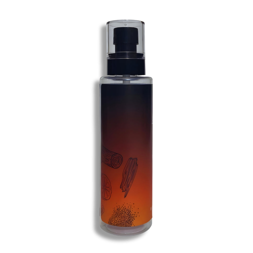 Body splash  bottle with black cap on a white background