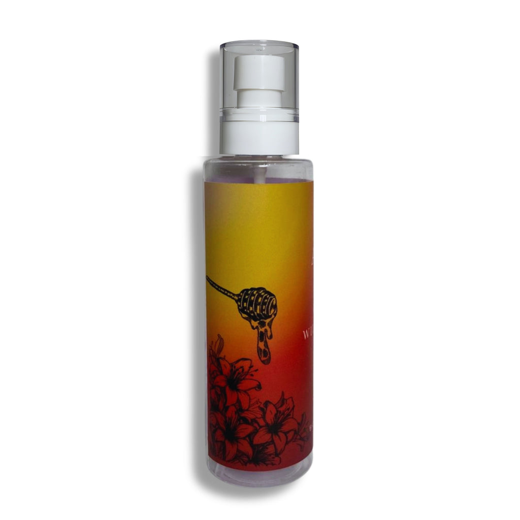 body splash bottle with a colorful label featuring a snake design on a white background