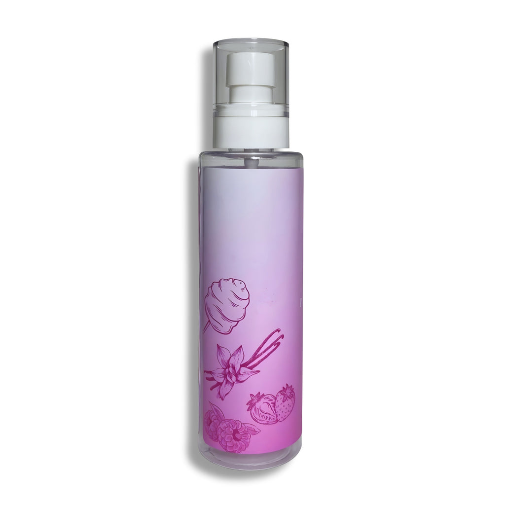 Pink Body splash bottle with decorative elements on a white background