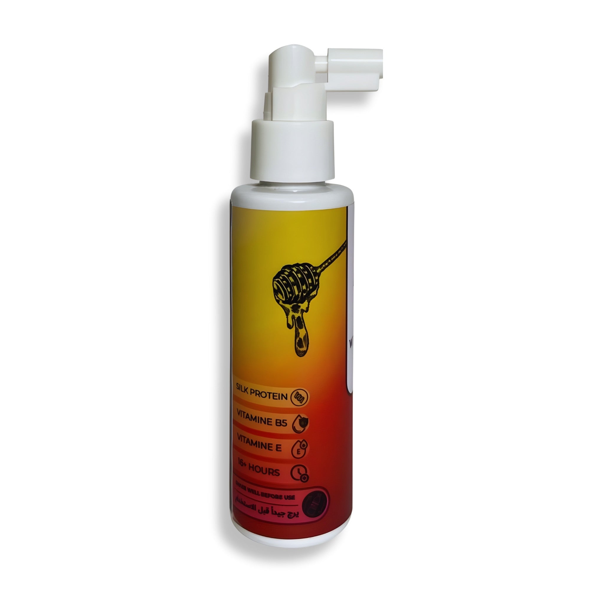 Spray bottle with a honeycomb and droplet illustration on an orange label against a white background