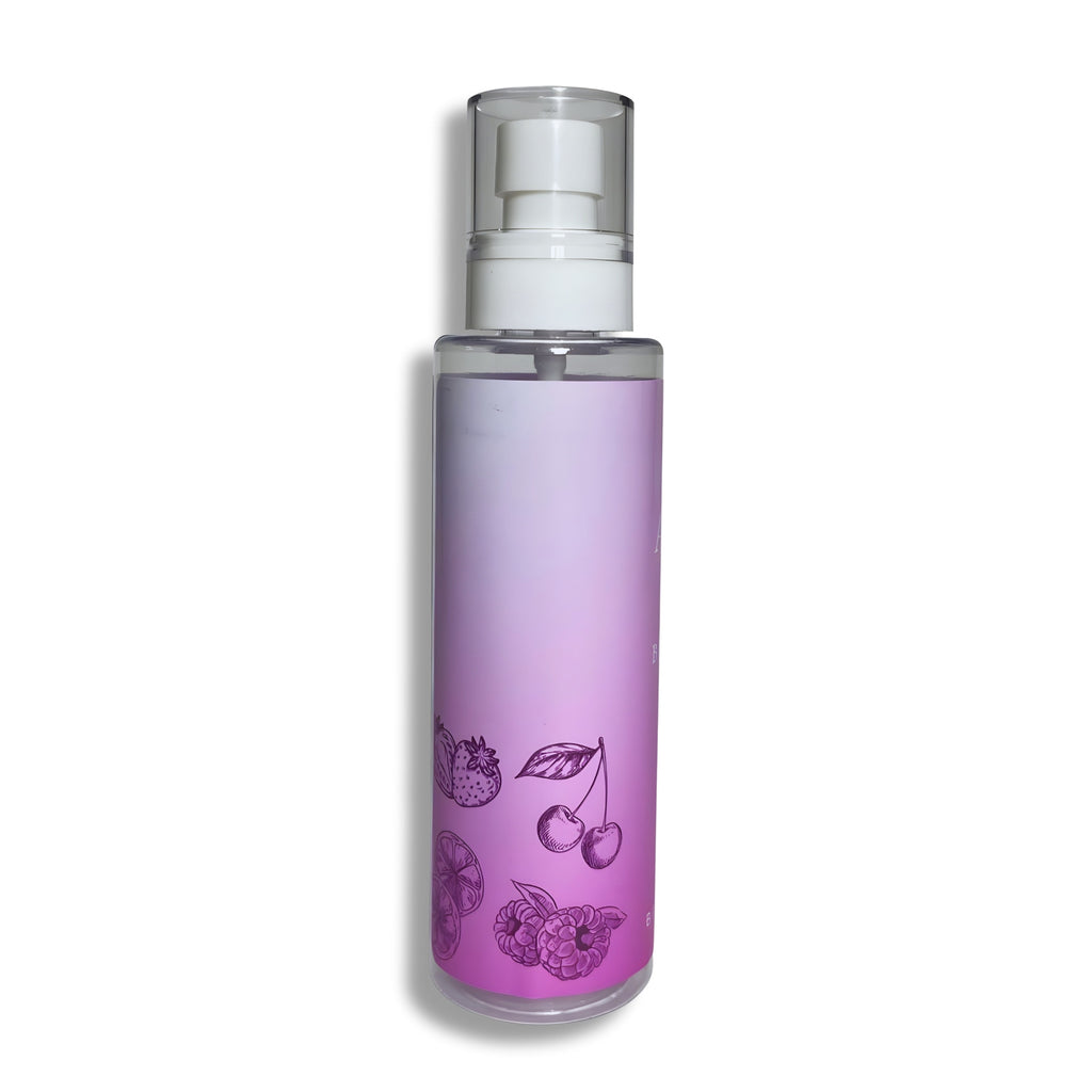 Purple Body splash bottle with cherry design on a white background