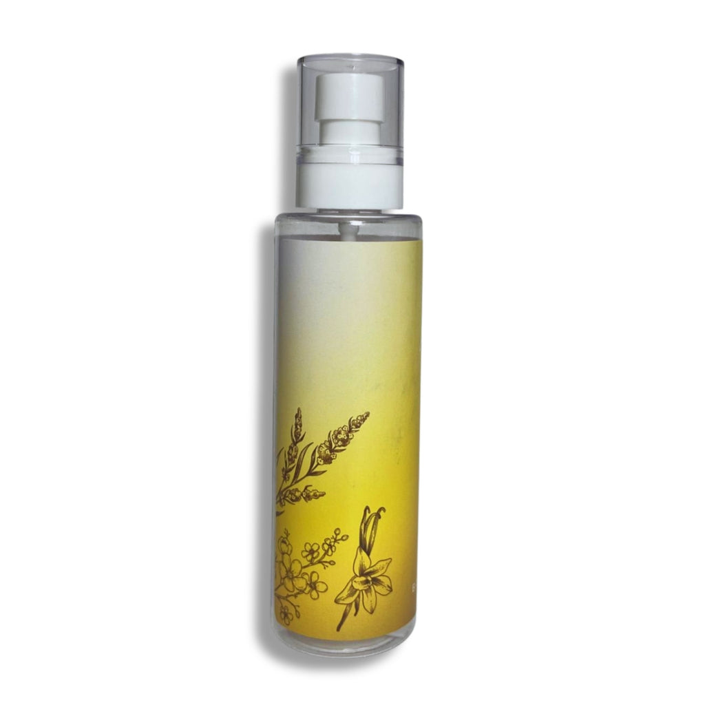 Body Splash bottle with yellow label featuring floral designs on a white background