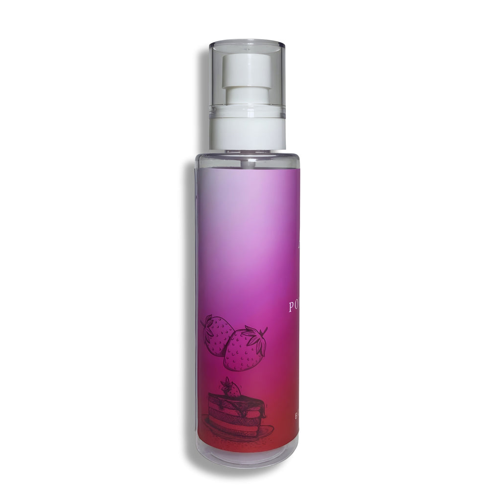 Purple body splash bottle with a white cap on a white background