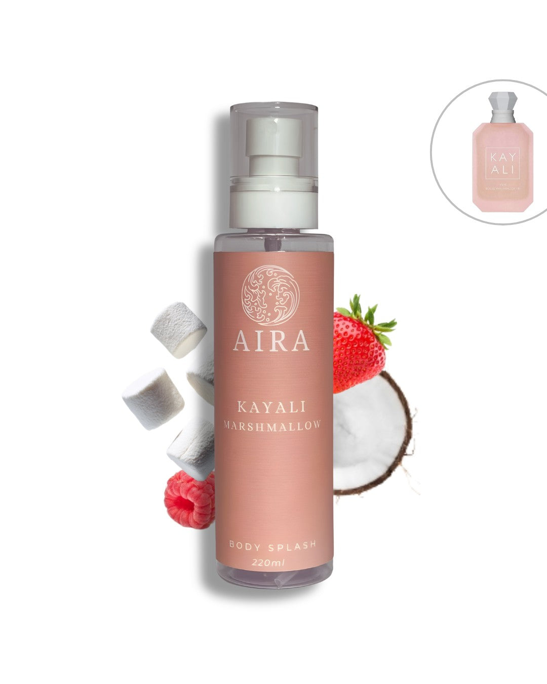 Aira Kayali Marshmallow body splash bottle with strawberry, coconut, and marshmallow elements on a white background