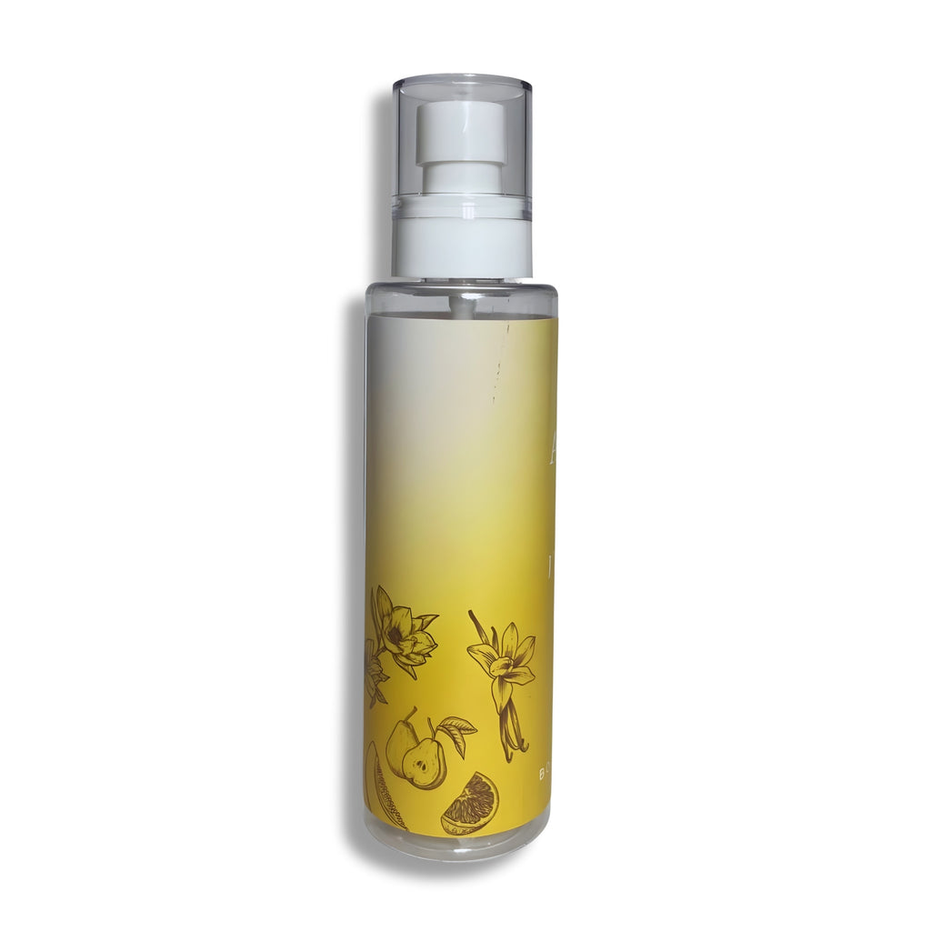 body splash bottle with yellow label featuring floral designs on a white background