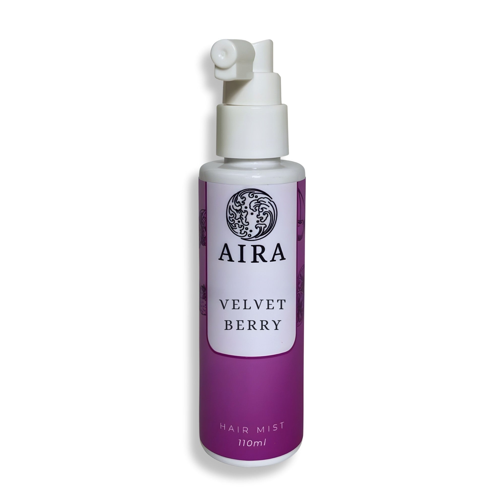 Purple hair mist bottle labeled 'Aira Velvet Berry' on a white background