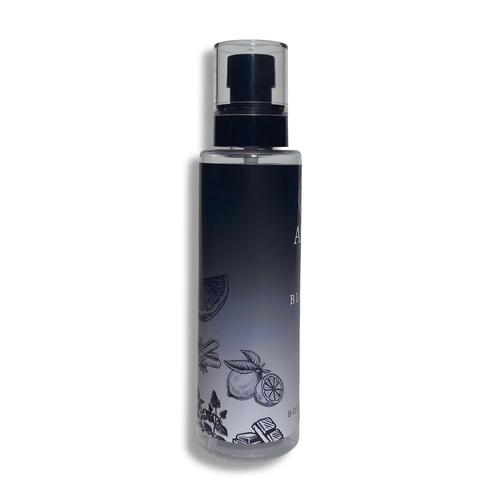 Black body splash bottle with decorative elements on a white background