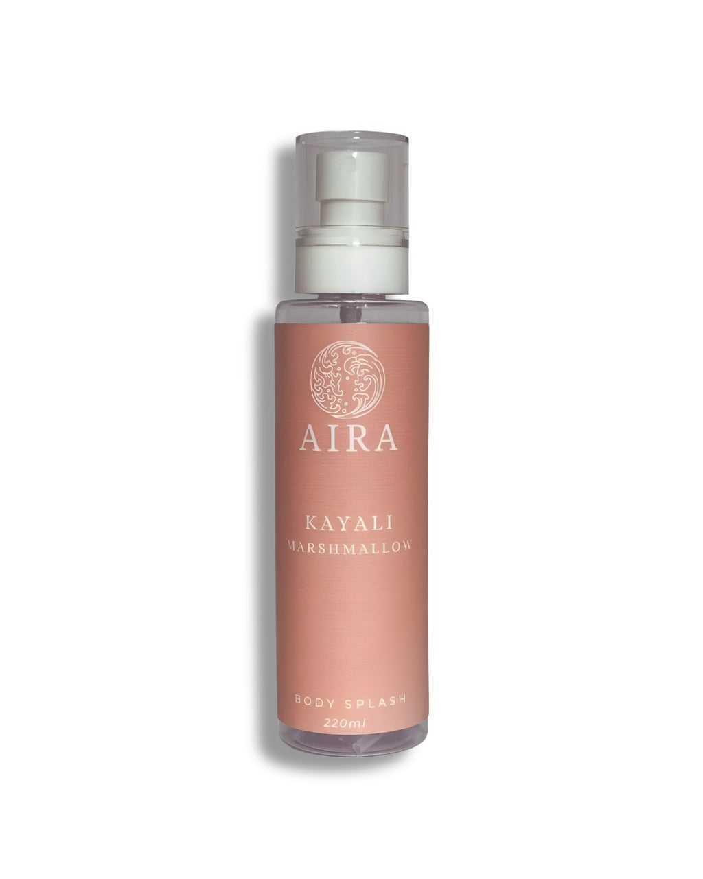 Bottle of Aira Kayali Marshmallow body splash on a white background