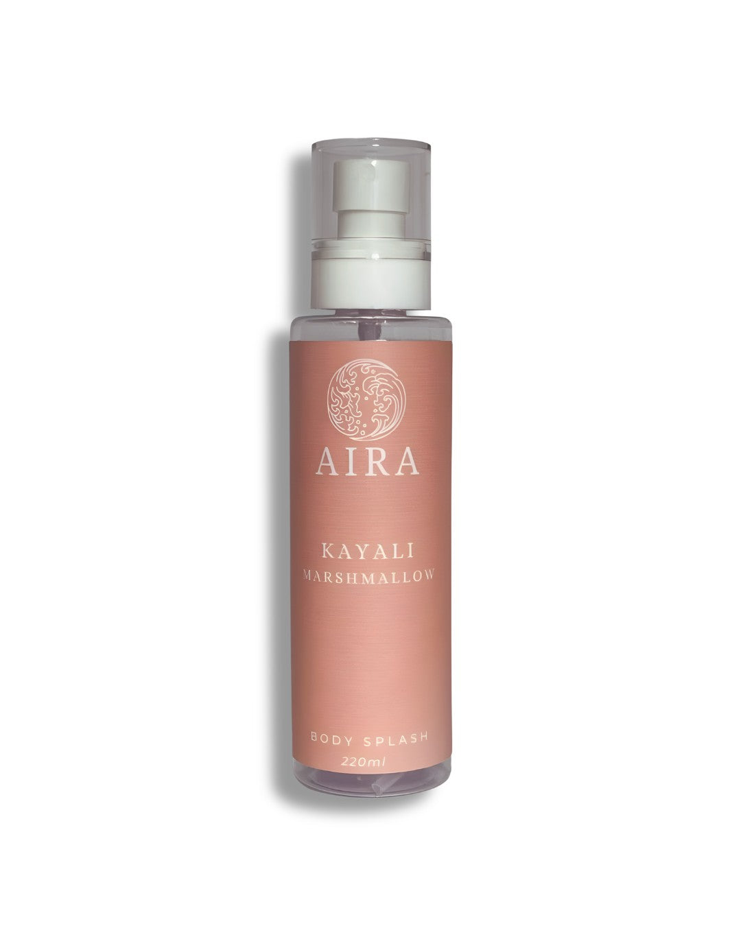 Bottle of Aira Kayali Marshmallow body splash on a white background