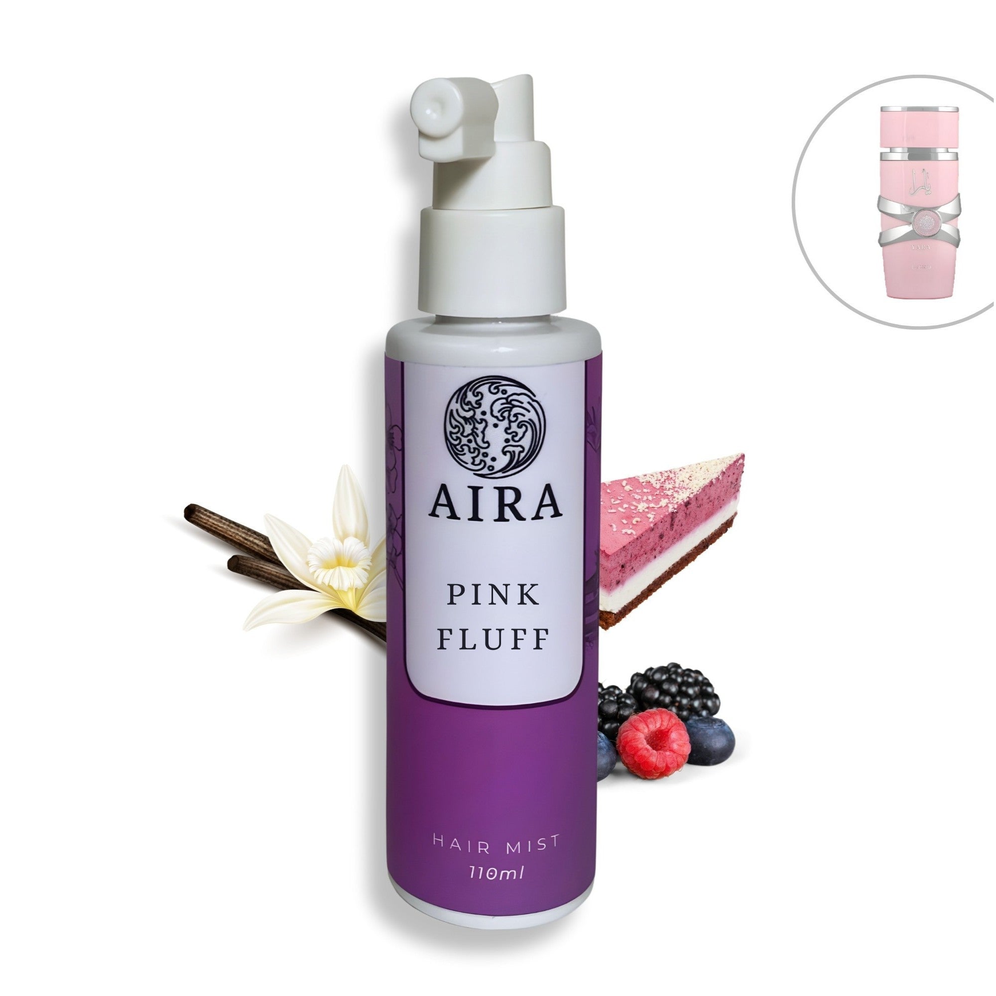 Hair mist bottle Pink fluff by Aira dupe Yara Lattafa vanilla white back ground