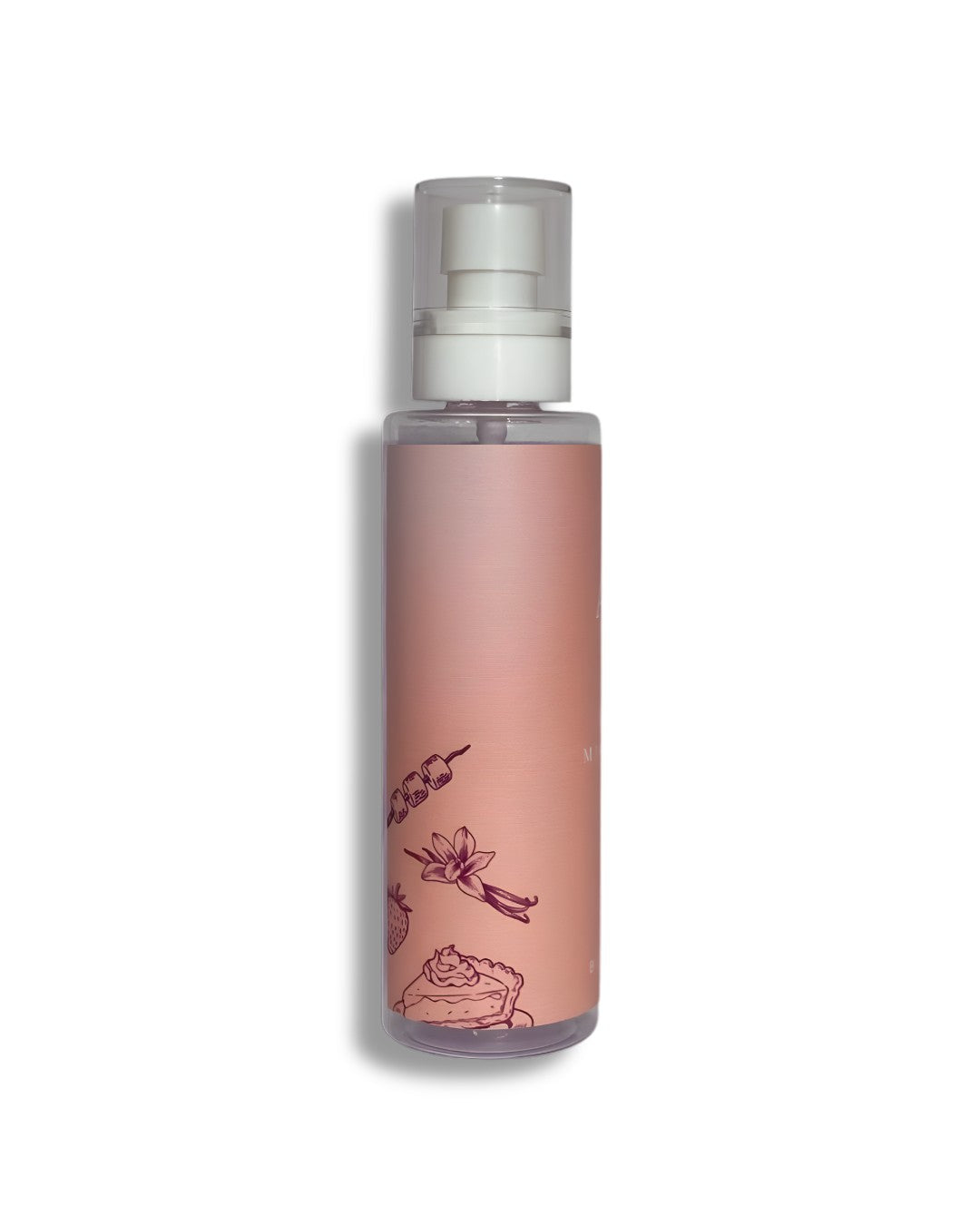 Pink spray bottle with floral designs on a white background