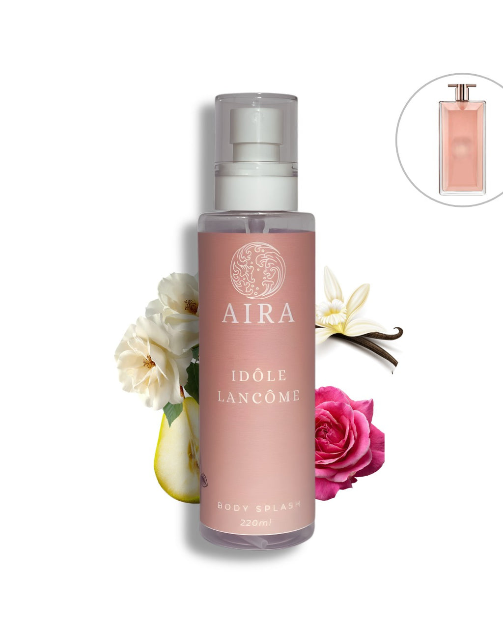 Pink Idole Lancome bottle of AIRA body splash with floral elements on a white background