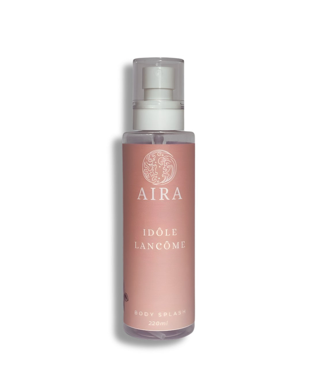 Pink Idole Lancome bottle of AIRA body Splash with floral elements on a white background