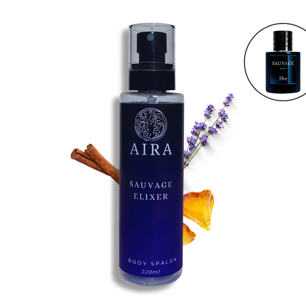 Bottle of AIRA Sauvage Elixer body splash with decorative elements on a white background